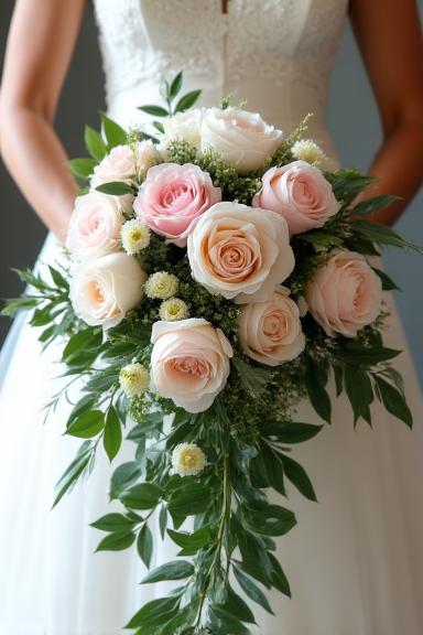 A bride holding a luxurious cascading bouquet of peonies, garden roses, and lush greenery.