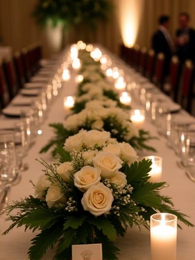 Elegant wedding table centerpiece with white roses, greenery, and delicate candles, creating a romantic ambiance.