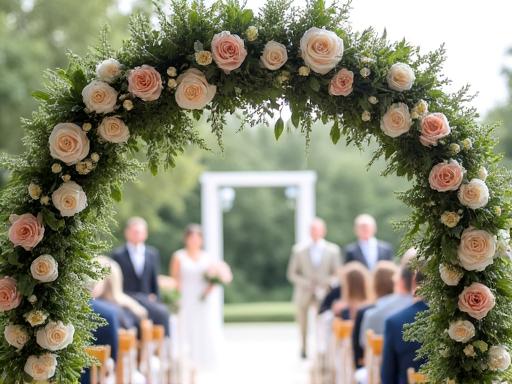 A beautiful floral arch at a wedding ceremony decorated with white and blush flowers and green foliage.